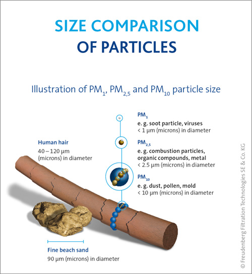 Infographic: Illustration showing the various sizes of nanoparticles - a human hair is 40-120 microns - particulate matter can be as little as 0.1 microns